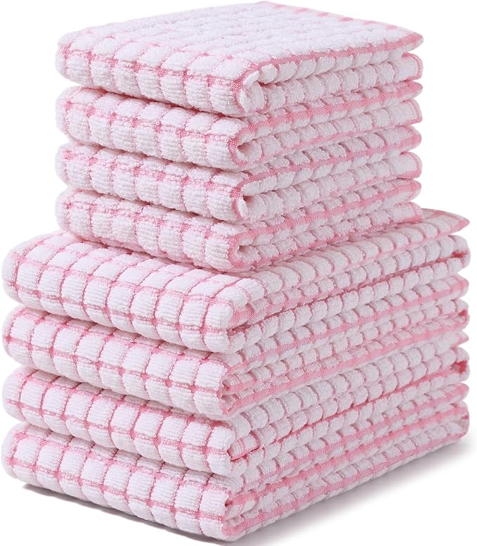 Homaxy Kitchen Towels and Dishcloths Set, Set of 8, Pink | Cotton Terry Kitchen Dish Towels, Super Soft and Absorbent Dish Cloths, 16 x 25 and 12 x 12 Inches