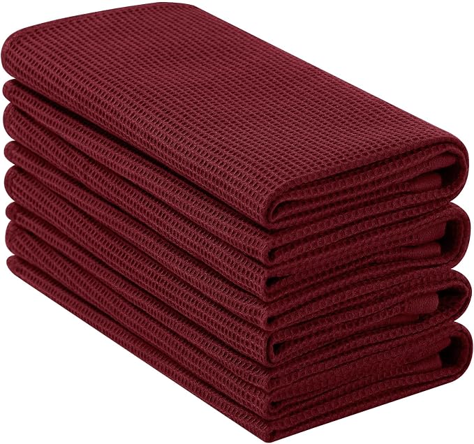 Homaxy 100% Cotton Waffle Weave Kitchen Towels, 4 Pack, Burgundy | Soft and Absorbent Dish Towels, 16 x 26 Inches Quick Dry Hand Towels