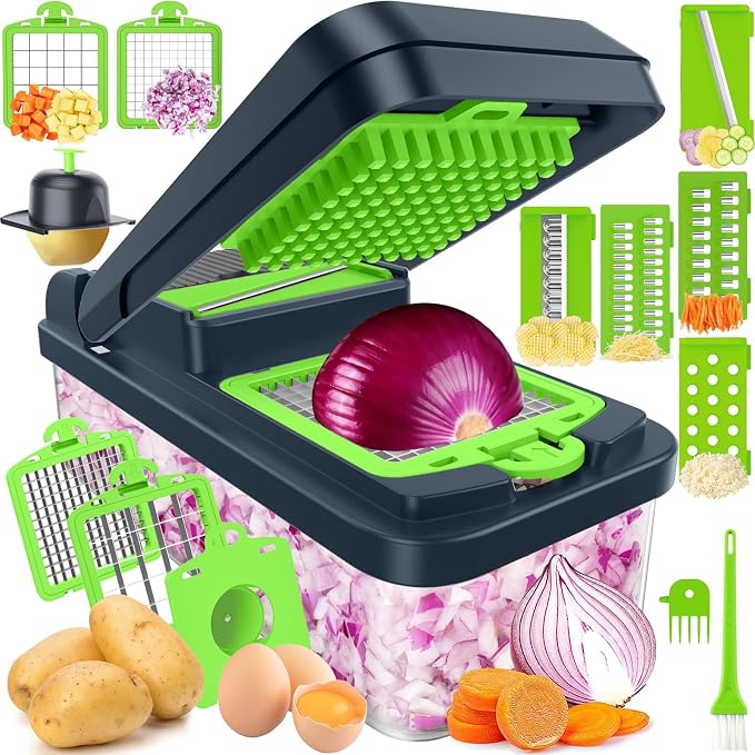 12-in-1 Vegetable Chopper with 7 Blades, Food Veggie Cutter, Green | Includes Egg Separator, Food Container and Finger Guard, Non-slip Base, for Chopping, Slicing, Shredding, and Mincing