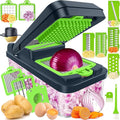 12-in-1 Vegetable Chopper with 7 Blades, Food Veggie Cutter, Green | Includes Egg Separator, Food Container and Finger Guard, Non-slip Base, for Chopping, Slicing, Shredding, and Mincing