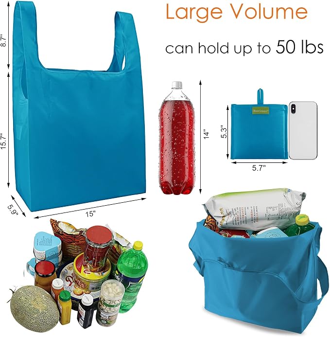 BeeGreen Reusable Grocery Bags Lake Blue Kitchen Bags Bulk Foldable-Machine Washable with Zipper Storage Pouch 50 Packs