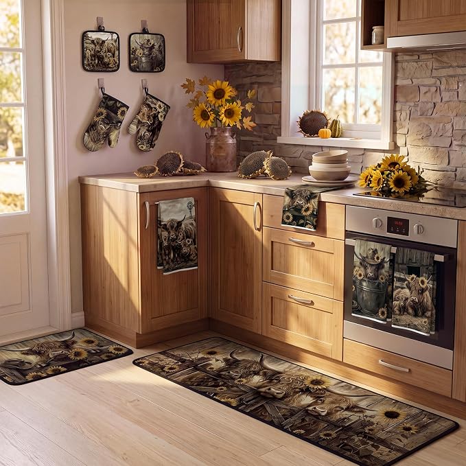 Fanfanwin 10 Pcs Fall Pumpkin Kitchen Decor Set Kitchen Towels Pot Holders Oven Mitts and Rugs Set Thanksgiving Towels for Baking Cooking BBQ Autumn Home (Brown,Cow Sunflower)