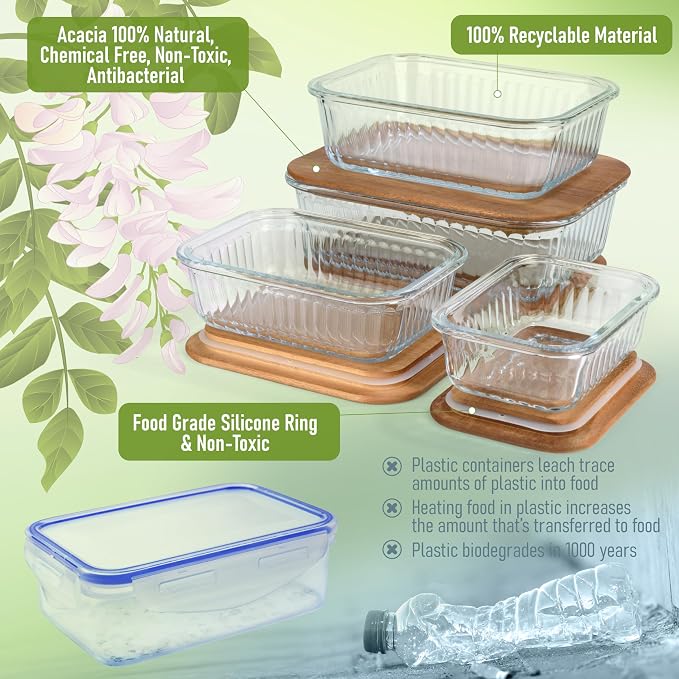 Set of 4 Stackable Space-Saving Nesting Glass Bowls with Airtight Acacia Lids for Lunch, Meal & Food Prep - Microwave & Oven-ready BPA Free Durable Heat Resistant Inert Borosilicate Glass