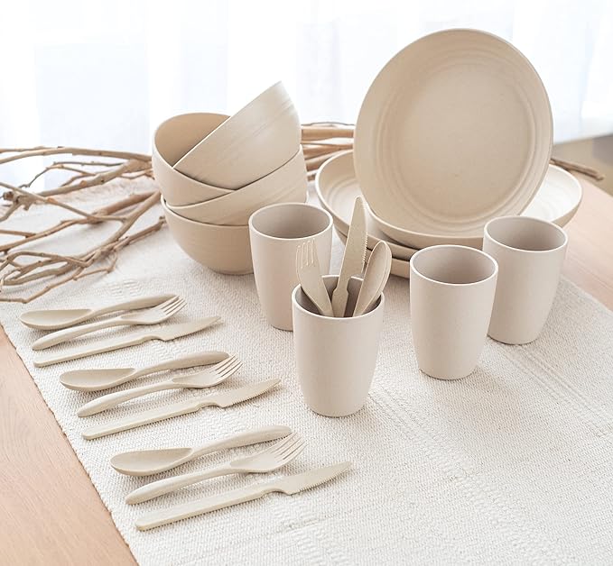 FOODLE Wheat Straw Dinnerware Set - Picnic, Camping Plates Cups and Bowls | BPA-Free & Safety Tested - Microwave & Dishwasher Safe - College Dorm Unbreakable Dishes - Great for Kids & Adults - For 4
