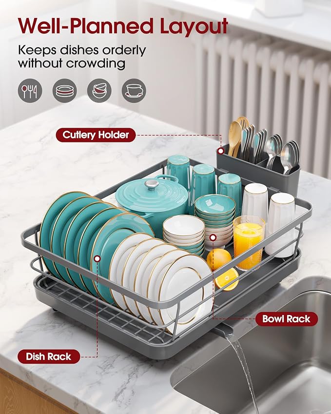 Sakugi Dish Drying Rack - Stainless Steel Dish Rack with Drainboard for Kitchen Counter and Sink, 15.6" D x 12" W x 5" H, Grey