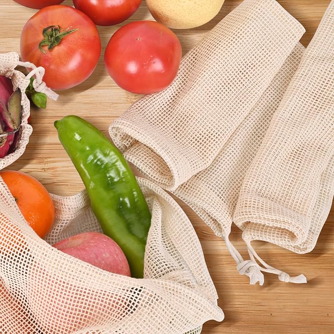 Reusable Bags Produce Bags Reusable Washable - Vegetable Bags, Grocery Bags, Cotton Mesh Bags for Farmers Market, Beach, and Refrigerator Storage Vegetables (12)