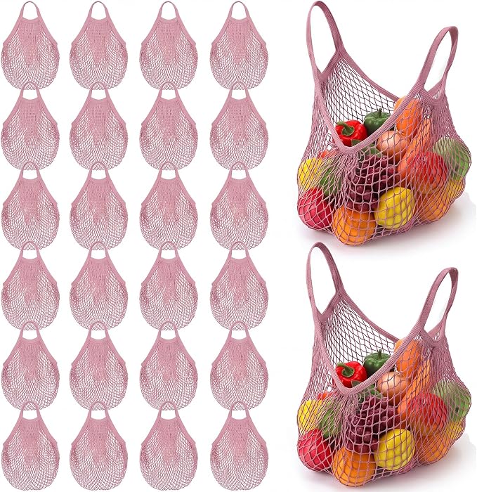 Woanger 24 Pcs Pink Short Handle Reusable Cotton Mesh Produce Shopping Bags Washable Grocery Net Portable Fruit and Vegetable Cotton String Bags Net Tote Organizer
