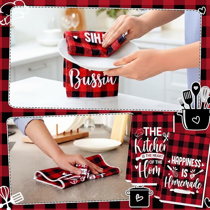 4 Pcs Red Black Kitchen Towels Happiness Dish Towels Gifts | Heart of the Home Decorative Hand Tea Dishcloths with Hanging Loop Housewarming Gift for Home Funny Kitchen Decor Accessories