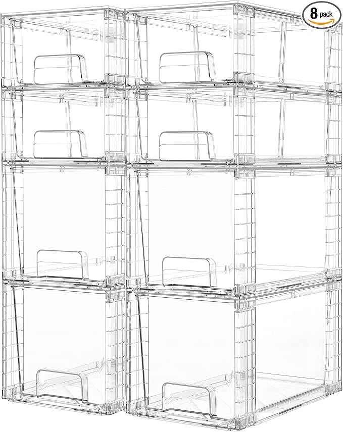 Vtopmart Clear Stackable Storage Drawers, 8 Pack Mixed Organizer Set | Medium and Small Pull-Out PET Drawers with Stackable Design for Flexible Organization, Cabinets, Closets, Pantry