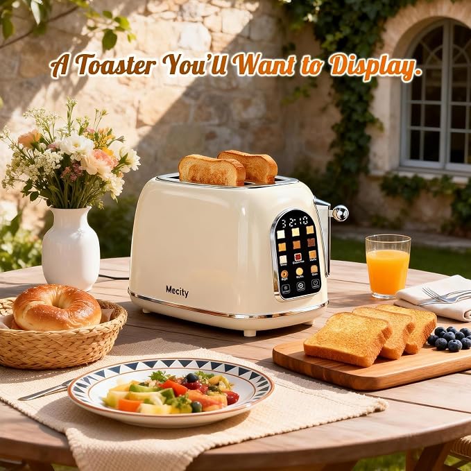 Mecity Toaster 2 Slice, Touch Screen Wide Slot Retro Toaster For Breads Bagel Muffin Waffle, House Warming Gift New Home, 120V 825W, Cream Color