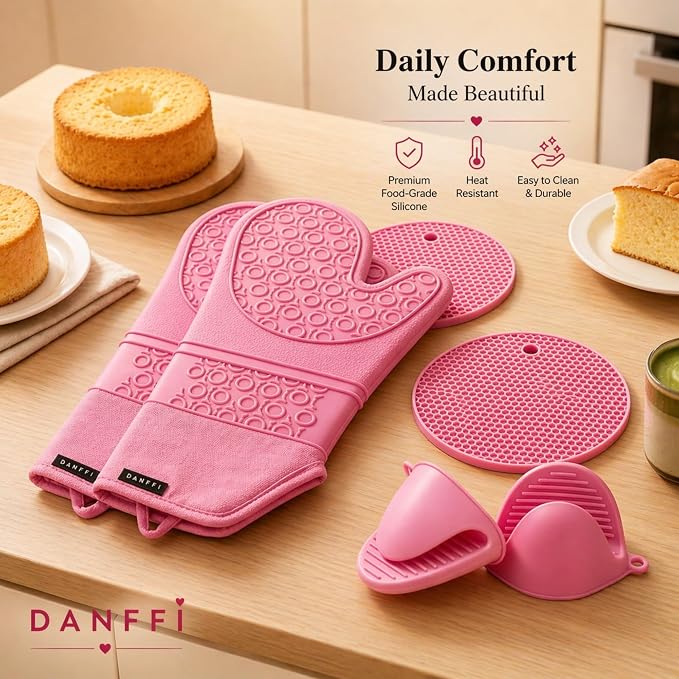 Silicone Oven Mitts and Pot Holders 6 Piece Set, Heat Resistant 500°F Extra Long Oven Gloves with Cotton Lining, Non-Slip BPA-Free Hot Pads and Pinch Mitts for Baking BBQ Cooking (Pink)