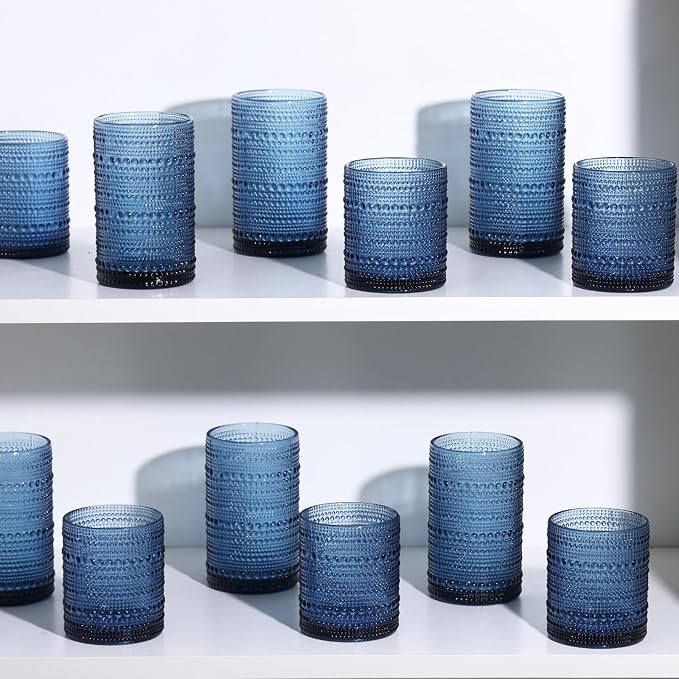 Moretoes Blue Hobnail Drinking Glasses Set of 16,Glass Cups | 12 Oz Highball Glasses & 10 Oz Cocktail Glasses, Kitchen Bar Tumbler Glassware Set for Whiskey, Beer, Juice, Milk
