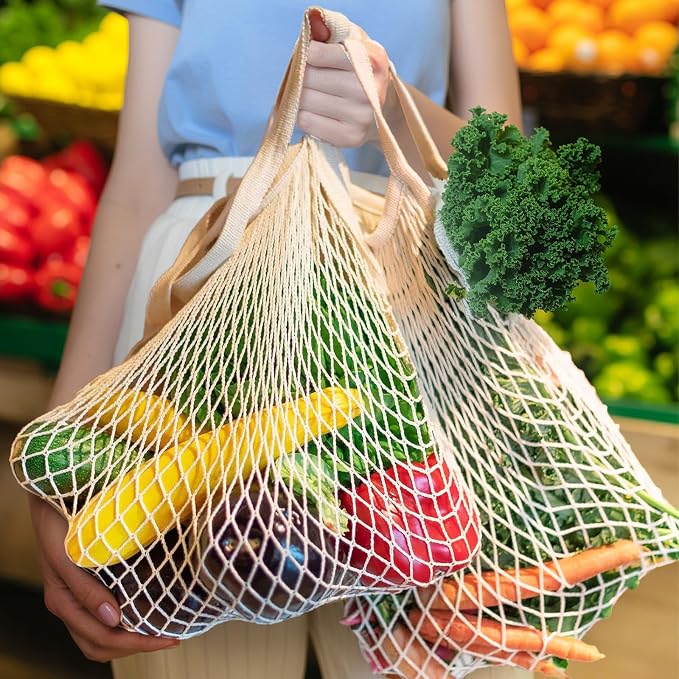 Lemecima 12 Pcs Reusable Cotton Mesh Produce Shopping Bags Washable Grocery Net Portable Fruit and Vegetable Cotton String Bags Long Handle Net Tote Organizer(Long Handle)