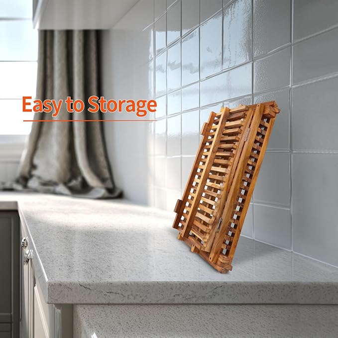 Utoplike Teak Dish Drying Rack Collapsible, Large Dishes Draine 3 Tier | Foldable Large Capacity Dish Draine, Space-Saving Countertop Kitchen Organizer for Plates, Cups