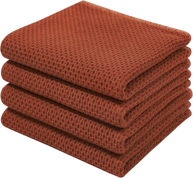 Homaxy 100% Cotton Waffle Weave Kitchen Dish Towels 4-Pack, Rust | 13 x 28 Inches, Ultra Soft Absorbent Dish Towels, Quick Drying Cleaning Towels