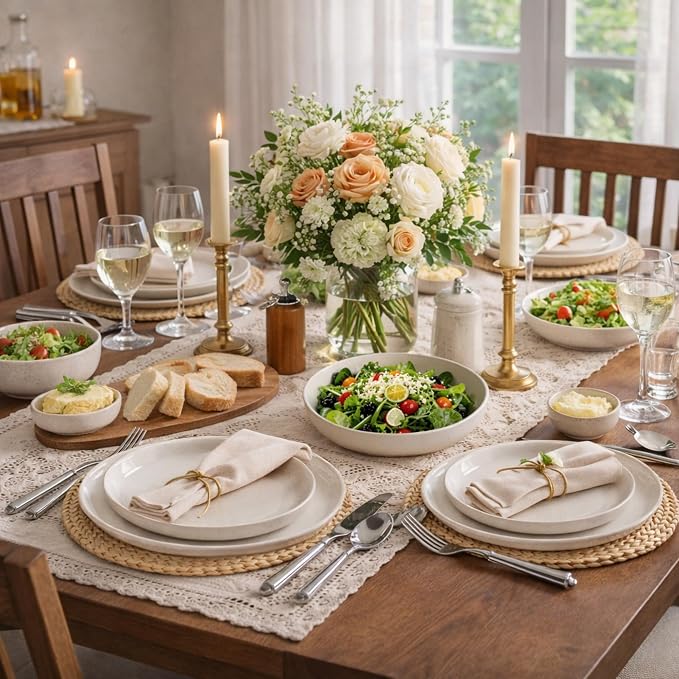 AmorArc Dinnerware Sets for 4, 16 Pieces Ceramic Plates and Bowls Set | Scratch Resistant Stoneware Dishes Set, Dishwasher & Microwave Safe, Light Beige