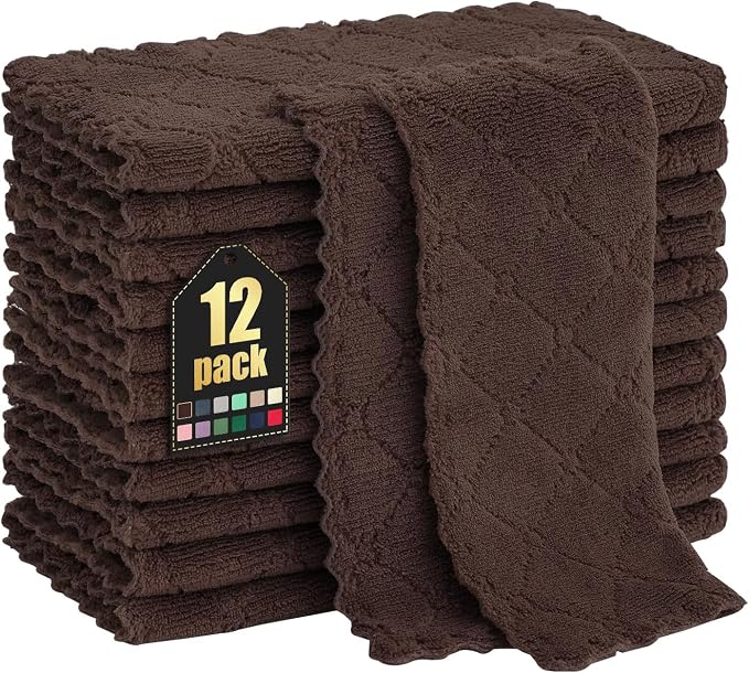 Homaxy 12 Pack Super Soft & Absorbent Dish Cloths, 10" x 10", Brown | Coral Velvet, Nonstick Oil Fast Drying Microfiber Cleaning Cloth, No Lint Household Dishcloths