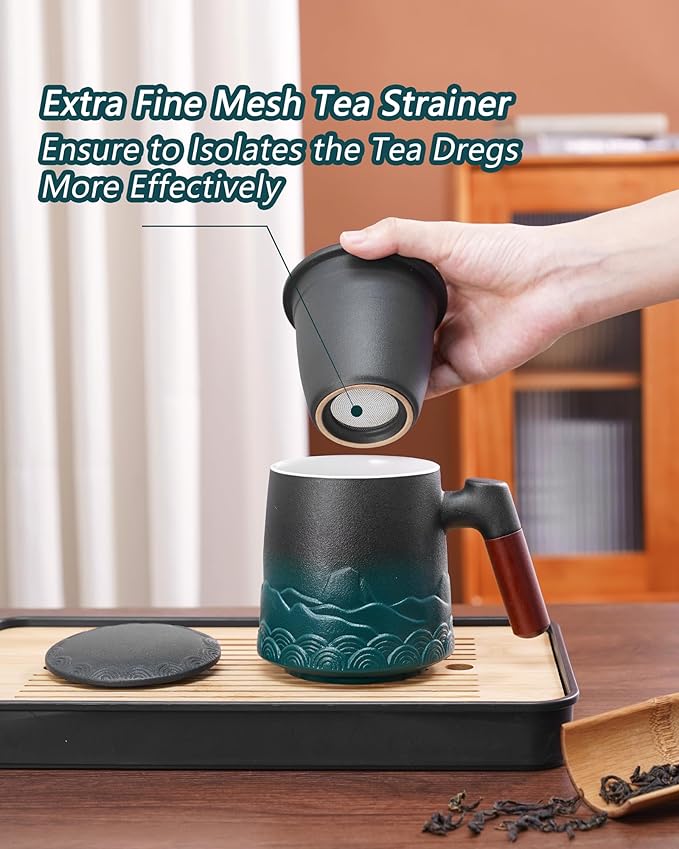 ZENS Tea Mug with Infuser and Lid for Loose Tea Steeper, 16.9oz Green | Embossed Ceramic Tea Cup with Infuser for Herbal Tea Difussers, Tea Lovers Gifts, Nature Wood Handle