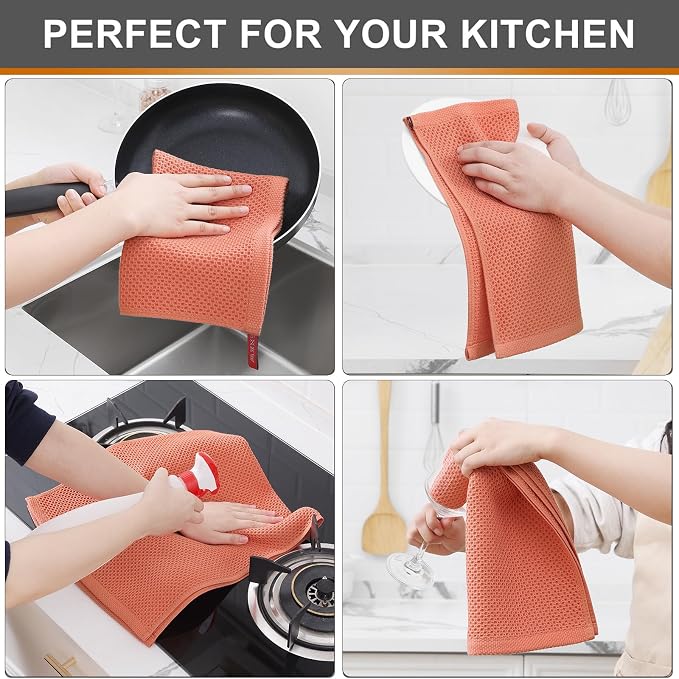Kitinjoy 100% Cotton Waffle 4-Pack Kitchen Towels, 13" x 28", Coral | Super Soft, Ultra-Absorbent, Fast Drying, lightweight, Quick Drying Kitchen Hand Towels