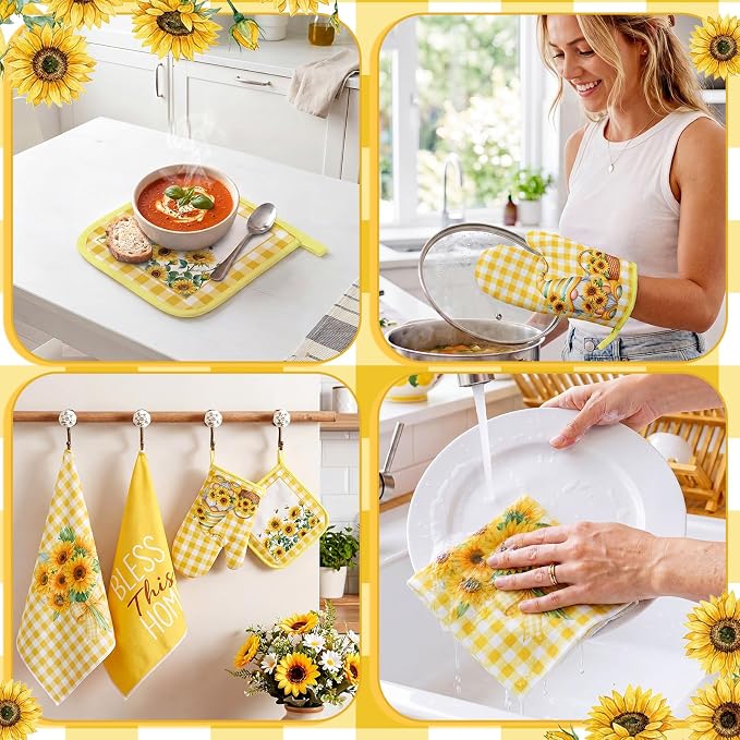 Fourluoo 10 Pcs Sunflower Kitchen Decor Set Sunflower Dish Towels Rugs Oven Mitts and Pot Holders Farmhouse Kitchen Decor Set for Women Mom Gift Cooking Baking Grilling