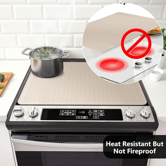 Stove Top Cover for Electric Stove- Range Covers for Electric Stove,Silicone XXL Dish Drying Mat, Glass Cooktop Covers, Flat RV Range top Mats (Taupe Thickened, 30"x21")