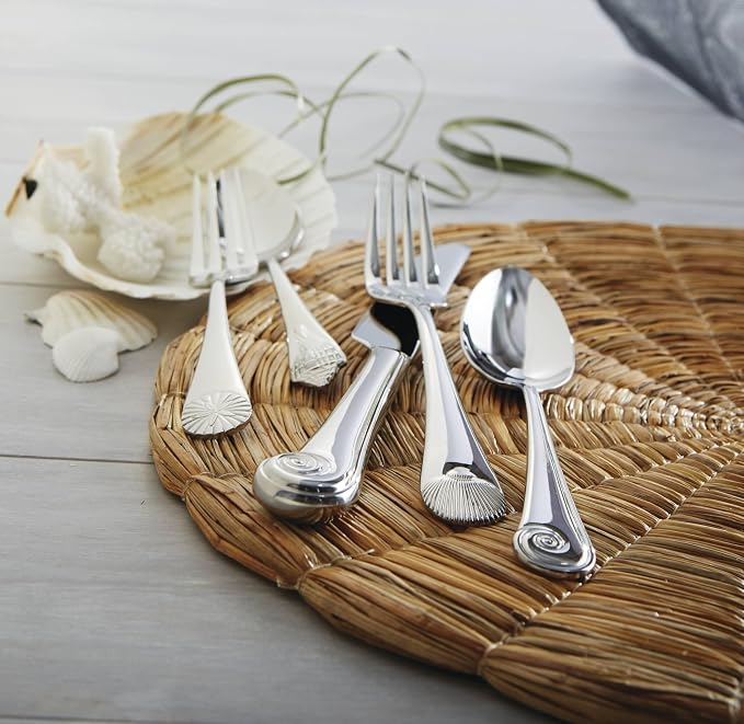 Reed & Barton Seashell 5Pc Flatware Place Setting, 5 Piece, Silver | silver, dishwasher safe | includes knives, forks, and spoons | heavy duty, cutlery set for kitchen and dining, utensil set