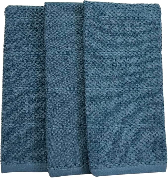 Teal Dark Blue Kitchen Hand Dish Towels, Set of 3, 100% Cotton, 18" x 28" | Terry Loop Textured, Soft & Absorbent Cleaning Cloth, Quick Dry, Multipurpose for Everyday Use