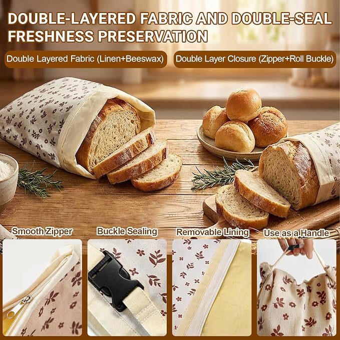 2 Pack Beeswax Bread Bags for Sourdough, Reusable Sourdough Bread Bags with Zipper, Natural Bees Wax Linen Cotton Bread Storage Bags to Keep Fresh, 13''×17''