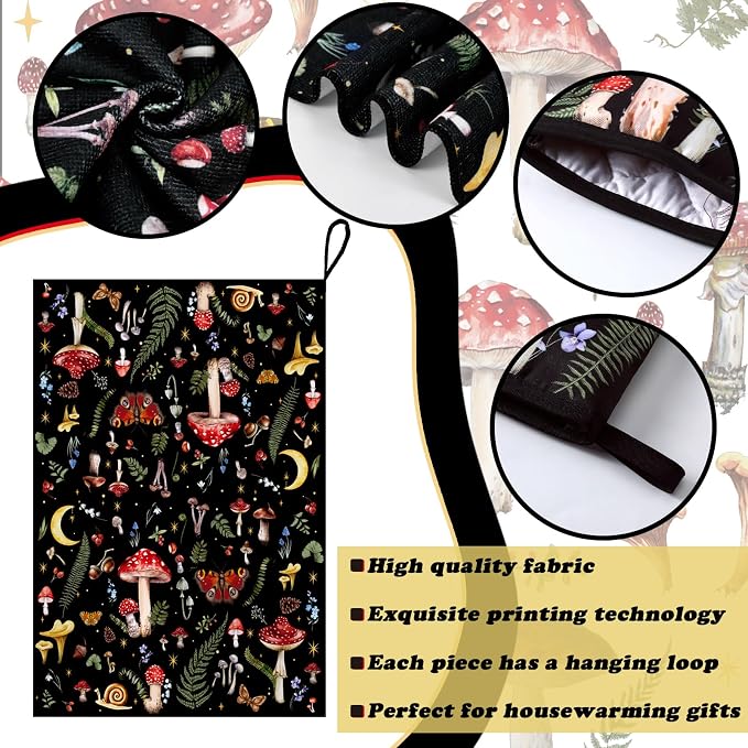 7 Pcs Mushroom Kitchen Linen Set - Durable Polyester Apron, 2 Quick-dry Towels, Oven Mitt & Pot Holders, Aesthetic Cottagecore Decor, Red Mushroom Gifts for Women, Housewarming Gift