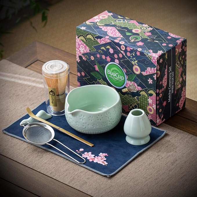 Buucup Matcha Whisk Set, Ceramic Matcha Kit with Bowl & Bamboo Whisk | 7-piece set with ceramic bowl, bamboo whisk, scoop, holder, sifter and tea towel. Ideal for beginners, daily matcha and gift