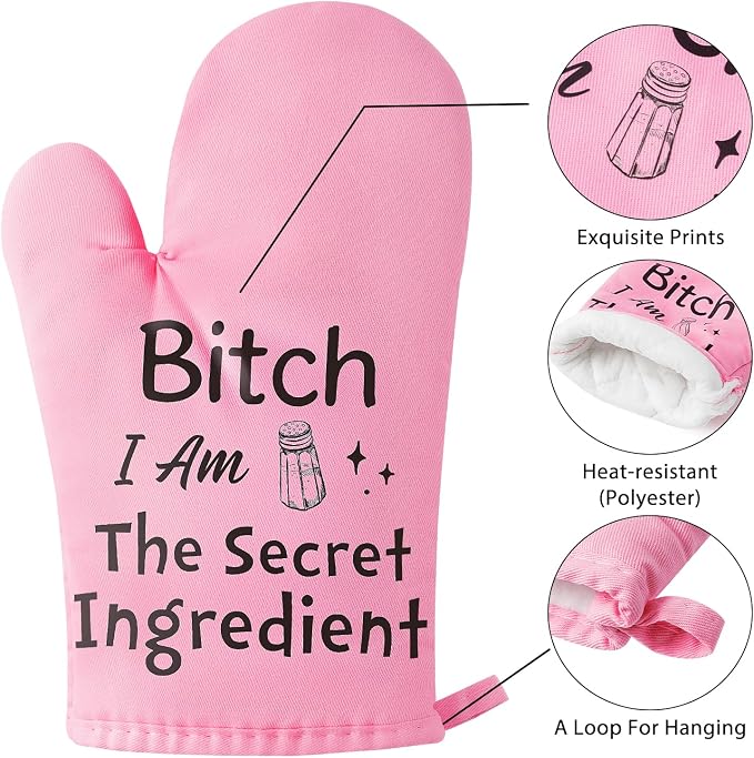 6Pcs Funny Oven Mitts Pot Holders Baking Gift, I Am The Secret Ingredient Resistant Hot Pad Machine Washable Gloves with Hanging Pocket Potholder for Friend Women Gift for Love Kitchen Cooking