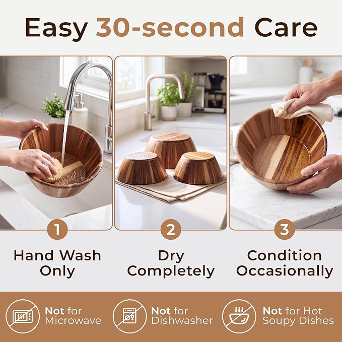 Wooden Salad Bowl Set of 3, Round 12" 10" 8" Wood Bowls for Serving Food | Rustic handcrafted trio in large, medium and small; warm natural tones for mixing, popcorn and table decor