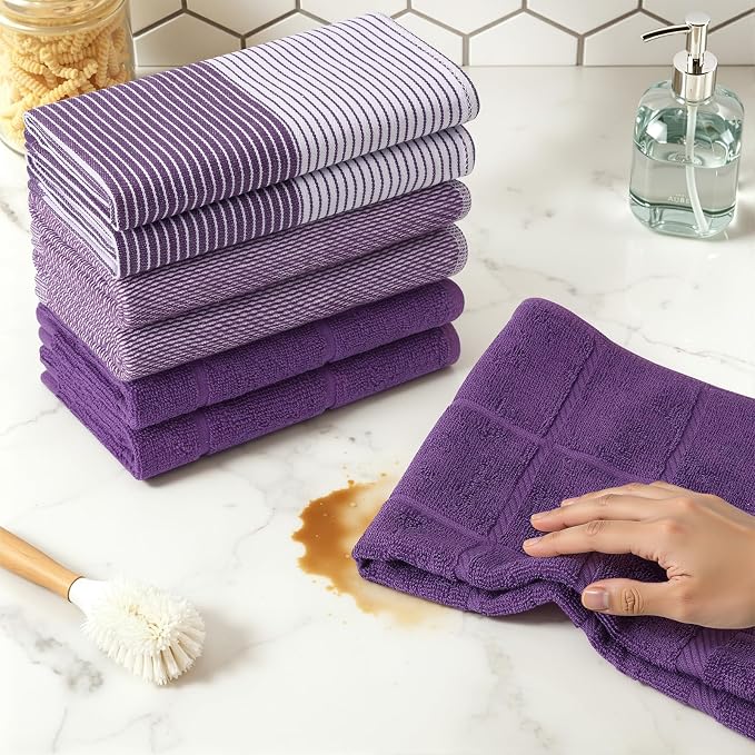 Homaxy 9 Pack Cotton Terry Premium Kitchen Towels, 18 x 28 in, Purple | Large 380 GSM Dish Towels, Highly Absorben Flat & Terry Kitchen Hand Towels, Soft Utility Tea Towel Set with Hanging Loop