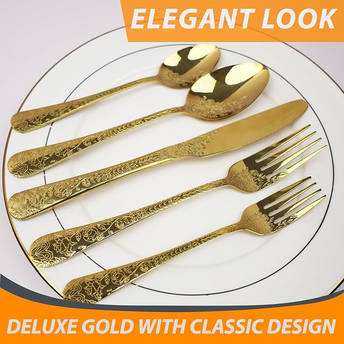 Runfly Modern Carved Floral Gold Stainless Steel 20-Piece Flatware Set | Silverware Set, Vintage Utensil Set, Cutlery Set for Home and Kitchen, with Knife/Fork/Spoon