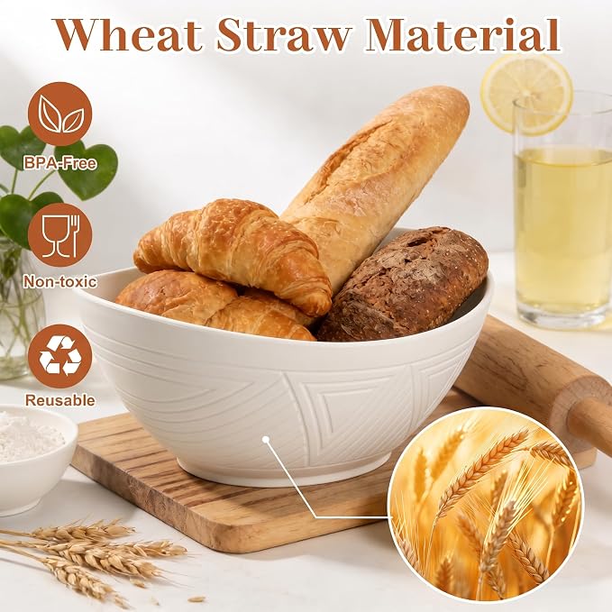 65 OZ Big Bowl Set - Wheat Straw Bowls Unbreakable Salad Bowls Set of 4, Plastic Bowl Reusable for Kitchen, Camping, Party, Popcorn, Microwave & Dishwasher Safe Bowl (White)