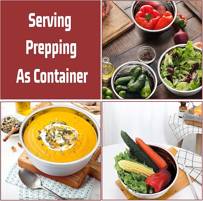 P&P CHEF Stainless Steel Mixing Bowls With Lids, Set of 6, Red | Salad Nesting Mixing Bowls & Fitting Lids & Non-Slip Silicone Bottom, Ideal for Mixing, Storing, Size 0.7/1/1.5/2.5/3/4.6 Qt