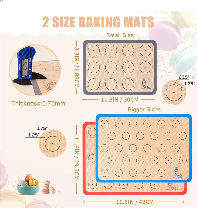 Silicone Baking Mat Macaron Set of 3-2 Half Sheet Liners 1 Quarter Sheet | Non Stick Silicon Cookie Oven Liner For Macaroons, Bake Pans, Pizza, Toaster, Cake and Bread Making (Red,Blue,Gray)