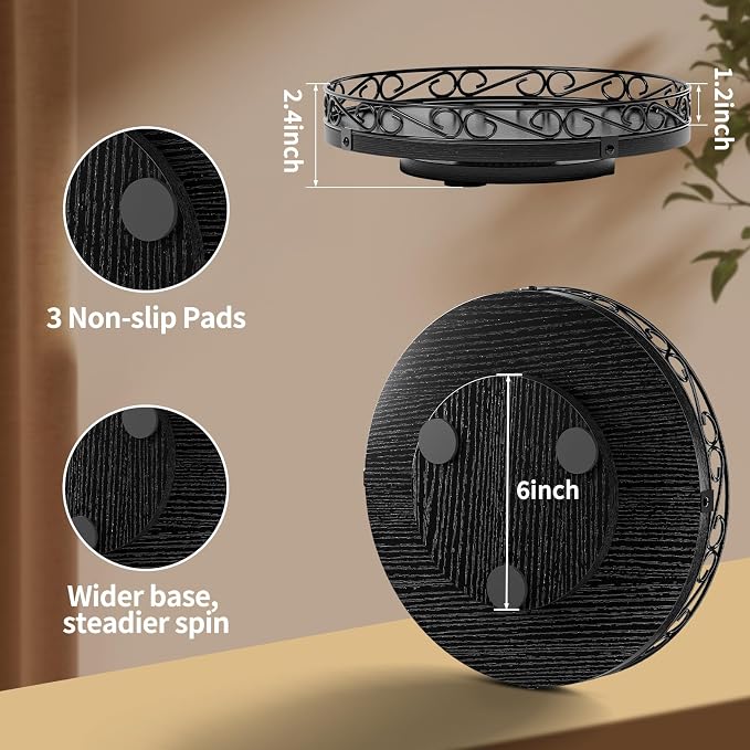 12" Lazy Susan Turntable Organizer for Table Top, Wood Lazy Susan Cabinet | Farmhouse Rotating Decor Tray for Dining Table, Pantry, Kitchen Countertop, Spice, Bathroom Vanity, Round Patterned Rim,Black