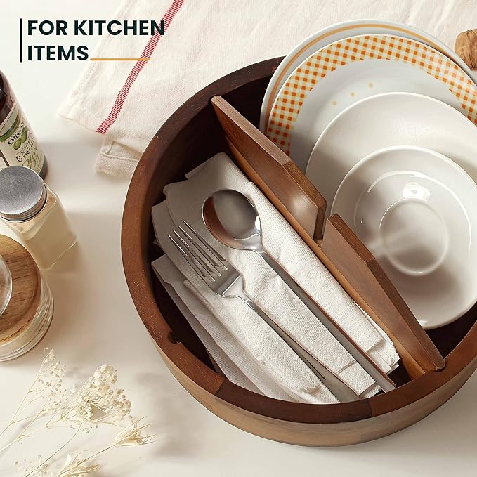 TIDITA 12" Wooden Lazy Susan Organizer with 4 Dividers, High Rim, Rotate | 360° Rotation, Acacia Wood, Non-Skid Pads, Removable Dividers, Wooden Round Serving Turntable for Tabletop, Multi-Use