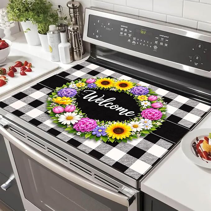 HOMETITUTE Spring Stove Top Covers for Electric Stove 28x20 Inches Welcome Floral Ring Buffalo Plaid Glass Cooktop Protector Pad Decorative Stovetop Cover Dish Drying Mats for Kitchen Decor