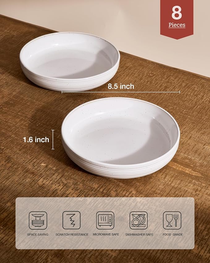 famiware Milkyway 33 oz Pasta Bowls Set of 8, White with Speckles | Double Reactive Glaze, Scratch-Resistant Stoneware Salad Bowls, Stackable, Dishwasher & Microwave Safe, Lead-Free