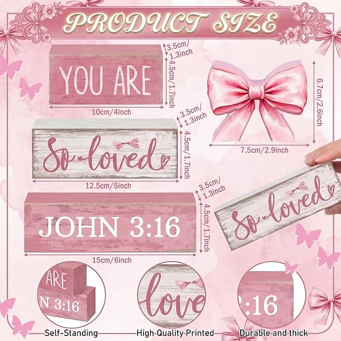 Lineshading 4 Pcs Pink Bow Decor Christian Table Decor Wooden Block Signs | Tiered Tray Filler, You Are So Loved John 3:16 Signs, Rustic Shelf Accent, Faith Gift for Girls, Tabletop Home Decorations