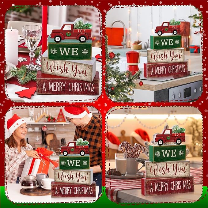Lineshading 4 Pcs Wooden Red Truck Christmas Decor Block Signs | Farmhouse Tiered Tray Decor, Rustic Indoor Tabletop Centerpiece, Vintage Wooden Block Signs, Merry Christmas Truck Theme