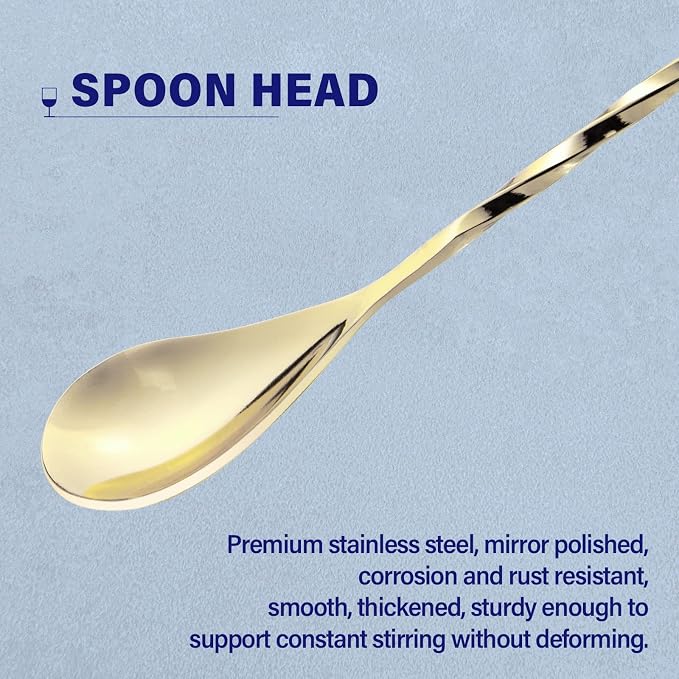 Bar Spoon Cocktail Mixing Stirrers, 2Pcs, 12” Long Handle, Gold | 18/8 Stainless Steel, Long Drink Spoons, for Stirring Coffee & Cocktails