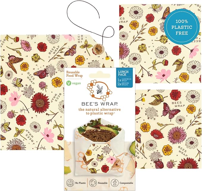Bee's Wrap Vegan Beeswax Food Wraps, 2 Medium & Sandwich Pack, Meadow Magic | Organic Plant Based Wraps - Plastic Free - Reusable Food Storage - Lunches & Leftovers - Made in USA
