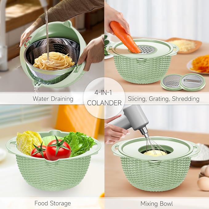 4-1 Strainer with Bowl & Spoons Set - Strainers and Colanders - Colanders for kitchen(Patented) - Pasta Strainer with Upgraded Graters & Spoons for Fruit Veggie Kitchen Essentials, Green