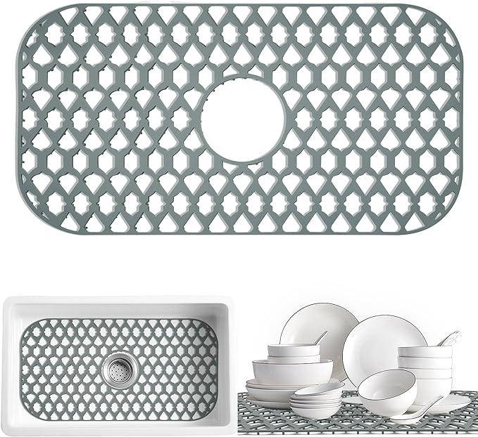 Silicone Kitchen Sink Protectors Mats - 12" 13" 14" 16" 18" 19" 21" 22" 24" 25" 26" 28" 30", Heat Resistant, Machine-wash (24”x13”, Center Drain)