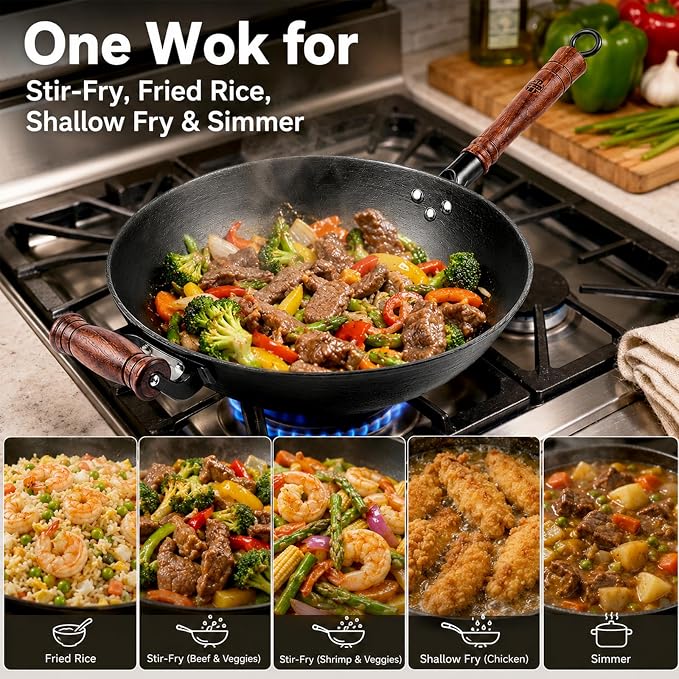 WANGYUANJI 12.6 Inch Cast Iron Wok with Wooden Lid, Handcrafted Flat Bottom Chinese Stir Fry Pan, Uncoated Heavy-Duty Iron Wok for Induction, Gas, Electric & Ceramic Stoves | Uncoated cast iron wok with wood lid for induction, gas and electric stoves; ...