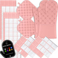 Oven Mitts Kitchen Towels Dishcloths with Pot Holders Sets 12PCS, Dish Towels Sets, Oven Gloves Pot Pads Heat Resistant 500 Degrees with Non-Slip Silicone Surface for Cooking Baking Grilling-Pink