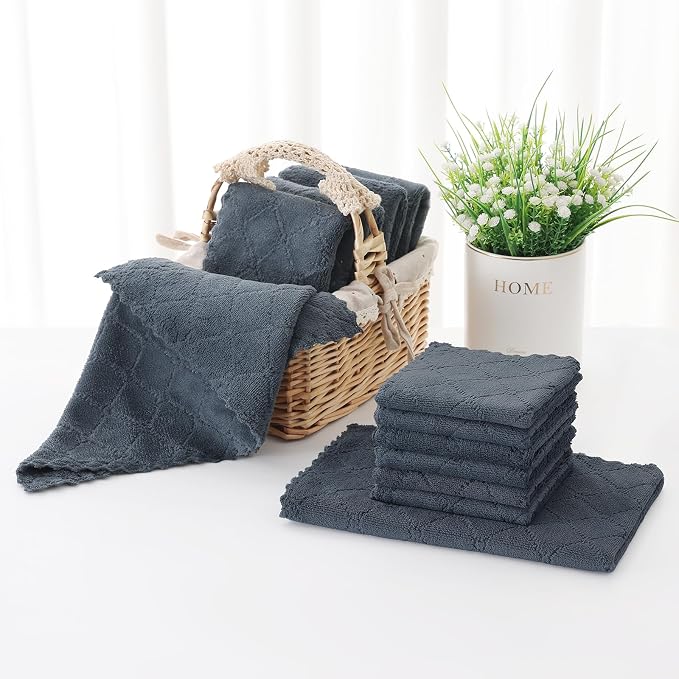 Homaxy Super Soft 12 Pack Kitchen Towels and Dishcloths Set, Dark Grey | Ultra-Absorbent, 10 x 10 and 13 x 19 Inches, Coral Velvet, No Lint, Nonstick Oil, Fast Drying, Microfiber Cleaning Cloth